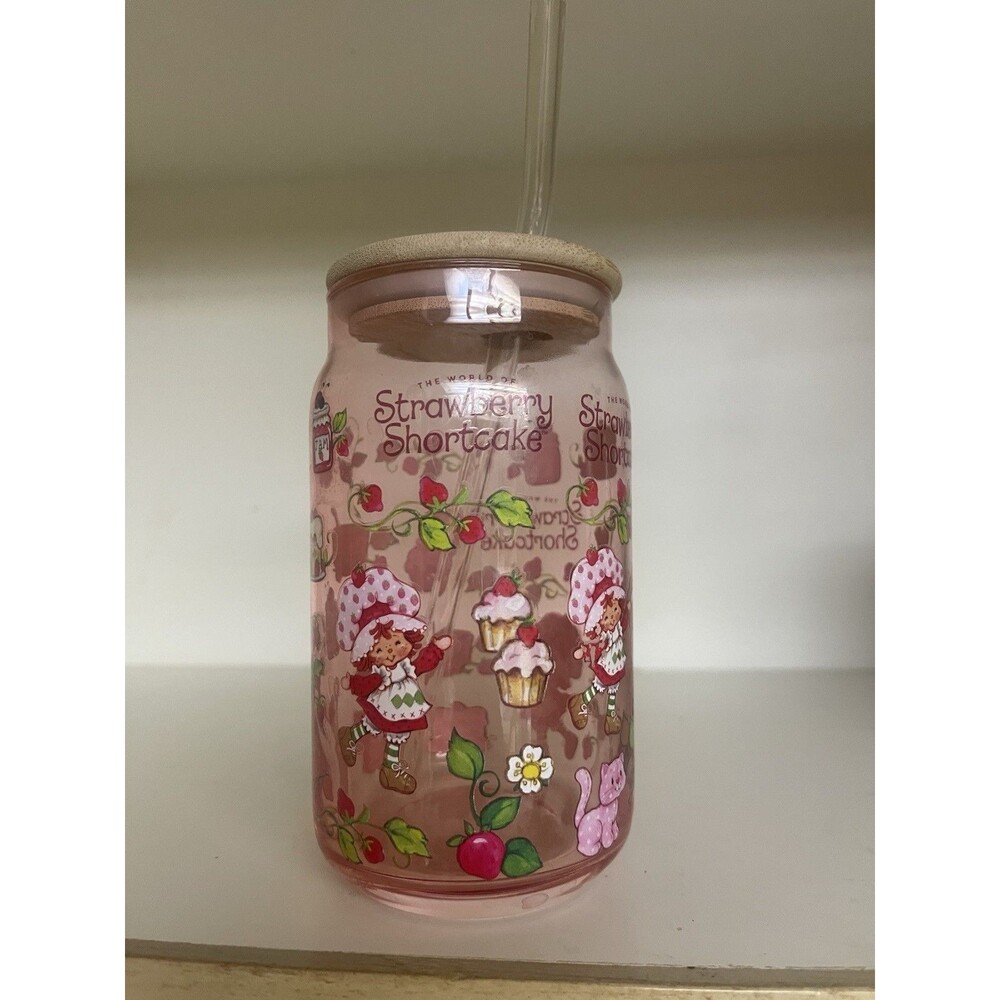 Strawberry Shortcake Glass Sipper Tumbler, Bamboo Lid, Straw